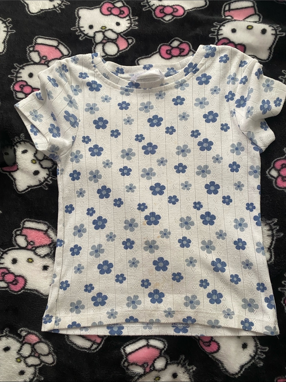 Girls' White Short Sleeve Tee with Blue Flower Print